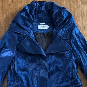 BRAND NEW HILARY RADLEY METALLIC LIQUID BLUE TRENCH JACKET COAT PLEADED RUFFLE S